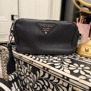 Prada Black Pebbled Leather Shoulder Bag with Striped Strap